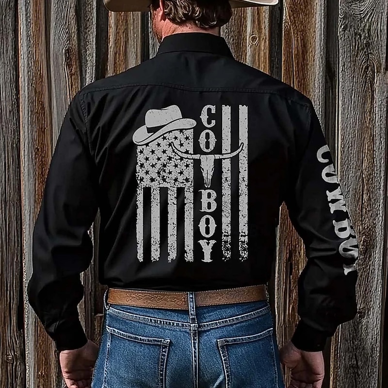Men's American US Flag Letter Printed Shirt Western Shirt Cowboy Shirt Long Sleeve Vintage Retro Outdoor Vacation Spring Fall Turndown 3D Print Linen Like Shirt Black