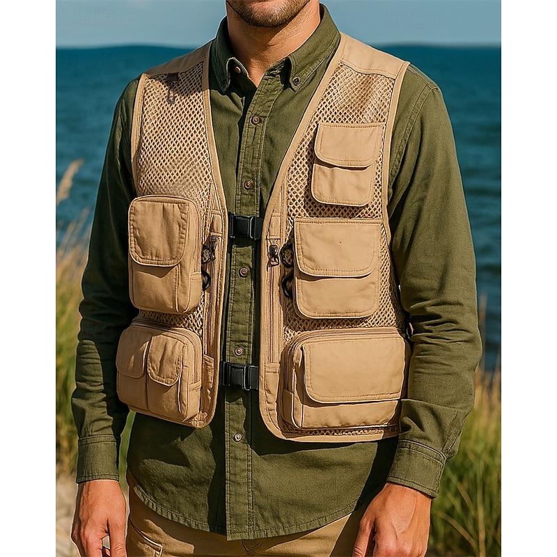 Men's Fishing Vest Hiking Vest Sleeveless Vest Outdoor Lightweight Breathable Zipper Multiple Pockets Polyester Black Army Green Red Hunting Fishing Climbing