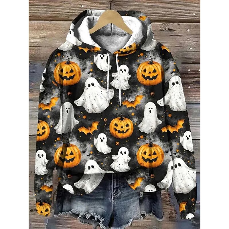 Halloween Women's Pullover Hoodie Sweatshirt Ghost Graphic Pumpkin Fashion Casual Print Long Sleeve Hooded Regular Tops Street Dailywear Drawstring Print Black White Orange Fall Winter