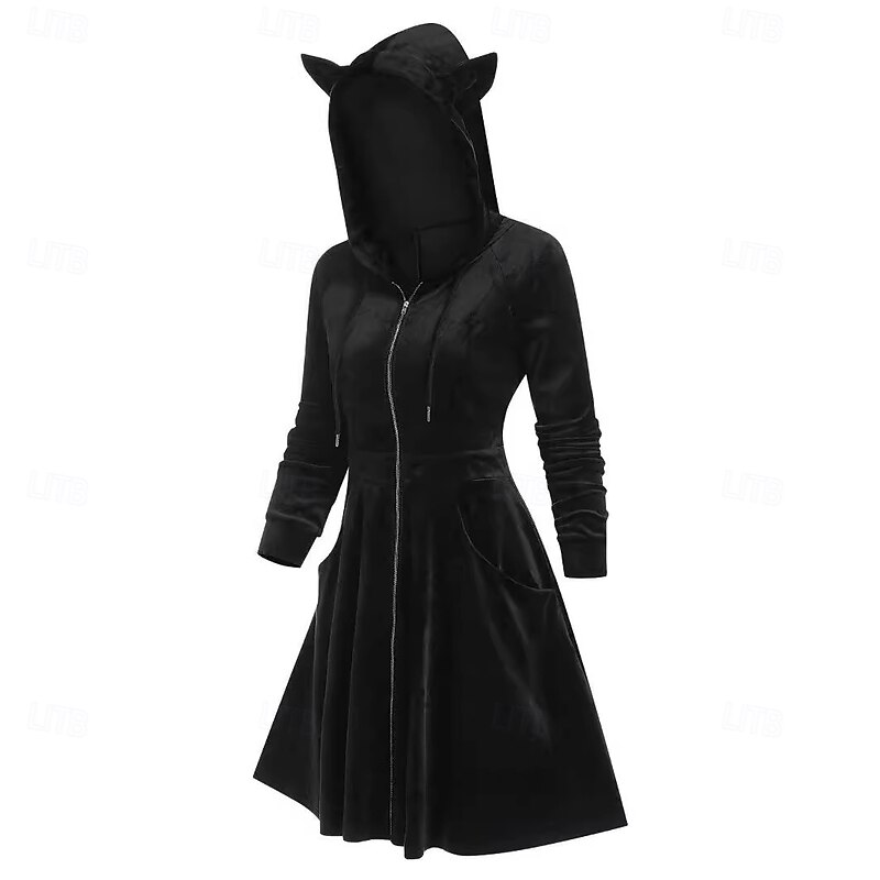 Punk & Gothic Dress Hoodie Little Devil Horn Velvet Zip-Up Fancy Dress Women's Halloween Carnival Performance Party Adults' Dress Fall Winter2