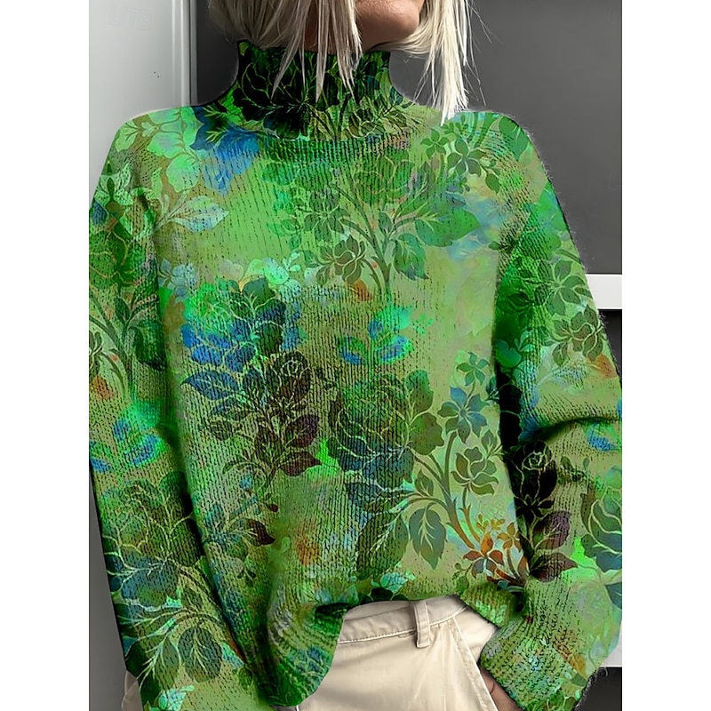 Women's Sweater Casual Soft Floral Ribbed Turtleneck Knitted Print Long Sleeve Regular Tops Knit Outdoor Daily Weekend Wine Blue Fall Winter2