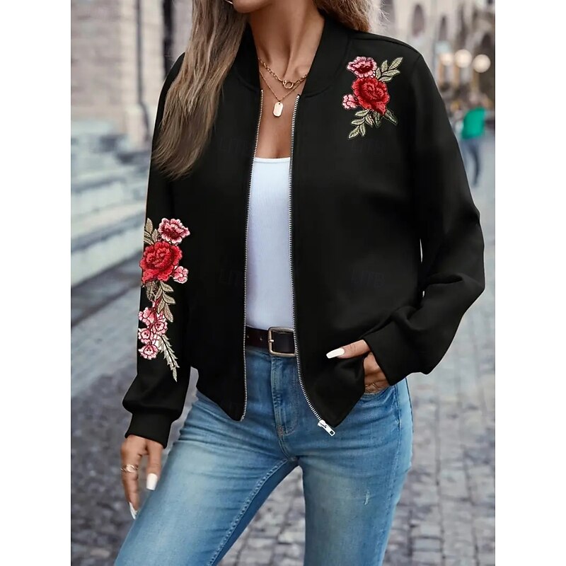 Women's Bomber Jacket Casual Jacket Comfortable Breathable Zipper Print Casual Floral Vacation Street Casual Daily Wear Zipper Short Stand Collar Regular Fit Long Sleeve Outerwear Black White Navy2