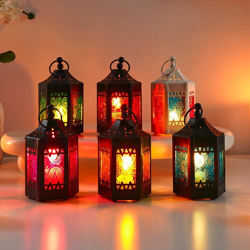 Vintage Hexagon Iron Glass Candle Lantern – Colorful Retro Hanging Tealight Holder with Hollow Design, Windproof Metal Frame for Home Bar Restaurant Decor and Gift