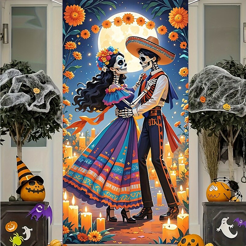 Day of the Dead / Día de los Muertos Door Decorations Skeleton Couple Door Covers Tapestry Curtain Decoration Backdrop Banner with Marigold Flowers and Candles for Front Door Farmhouse Holiday Party Indoor Outdoor Decor Supplies