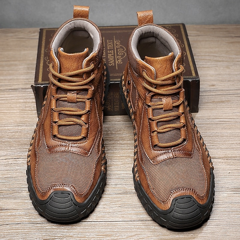 Men's Brown Faux Leather  High-Top Casual Boots with Non-Slip Rubber Sole – Durable Outdoor Walking Shoes for Hiking, Travel and Daily Wear3