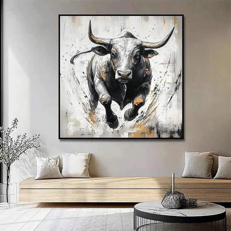 Handmade Oil Painting Acrylic Canvas Wall Art Decoration Animal Oil Painting Black-and-White Running Bull for Home Office Hotel Club Decor Rolled Frameless Unstretched Painting4