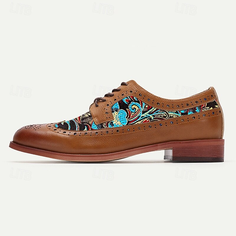 Men's Brown Leather Brogue Shoes with Blue - Green Jacquard Fabric Motif - Distinctive and Classy, Suited for Gentlemen Who Appreciate Unique Style in Daily and Social Events3