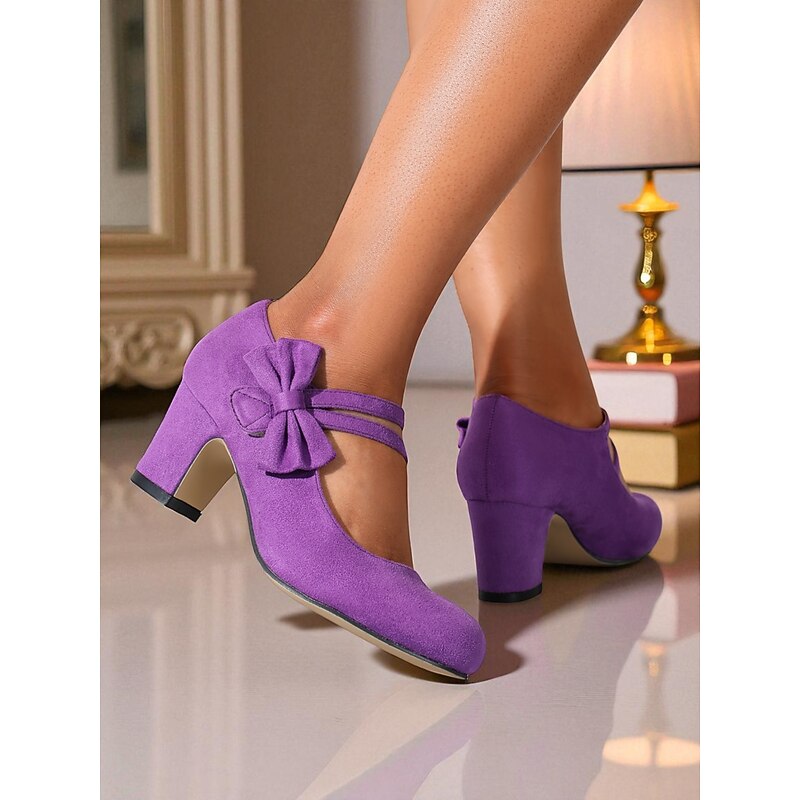 Women's Purple Mary Jane Pumps - Suede Chunky Heel Dress Shoes with Double Bow Straps, 1950s Vintage-Inspired Style for Weddings, Parties and Elegant Everyday Outfits4