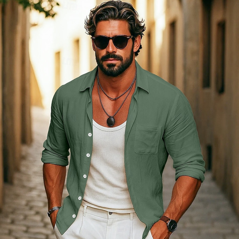 Men's Shirt Linen Shirt Summer Shirt Beach Shirt Button Up Shirt Untucked Shirts Solid Color Outdoor Street Black White Light Green Pink Long Sleeve Turndown Summer Spring &  Fall Clothing Apparel - Main Image