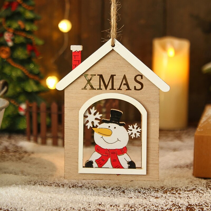 3PCS Christmas Wooden House Ornaments, Cartoon Santa Claus and Snowman Hanging Decorations, Festive Xmas Tree Hanging Decor for Holiday Home Decoration and Christmas Gifts4