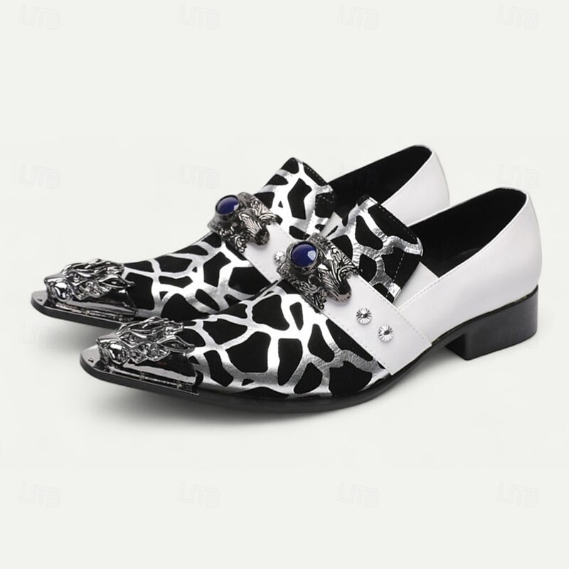 Men's Black and White Cow Print Slip-On Dress Shoes – Statement Western Loafers with Jewel Buckle for Concerts, Parties and Costumes2