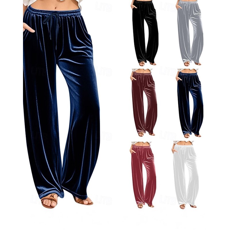 Women's Wide Leg Corduroy Pants Slacks Streetwear Casual Full Length Natural Plain Pocket Elastic Drawstring Design Comfortable Street Holiday Weekend Dark Brown Rust Black White Fall Regular Fit