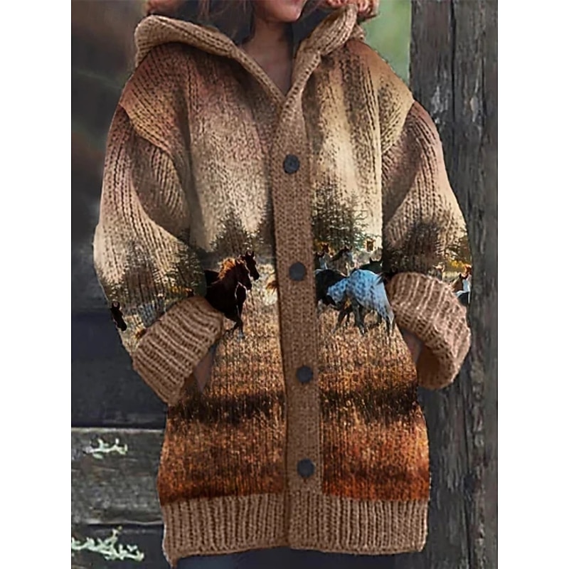 Women's Cardigan Vintage Ethnic Style Geometric Color Block Ribbed Hooded Knitted Print Front Pocket Long Sleeve Regular Tops Knit Outdoor Daily Holiday Red Brown Fall Winter3