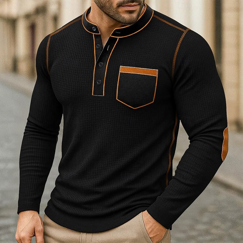 Men's Waffle Henley Shirt Tee Long Sleeve Henley Summer Fall Winter Solid Color Plain Fashion Designer Modern Color Block Buttons Outdoor Casual Daily Black Navy Blue Brown Top Tee for Men2