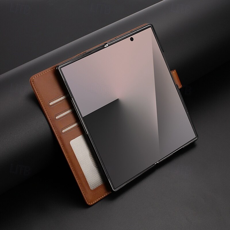 Phone Case For Samsung Galaxy Z Fold 7 Back Cover Kickstand Card Slot Shockproof Retro TPU PU Leather2