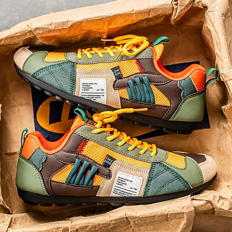 Men's Green and Yellow Mesh Sneakers – Colorblock Breathable Casual Sports Shoes for Walking, Travel and Street Style2