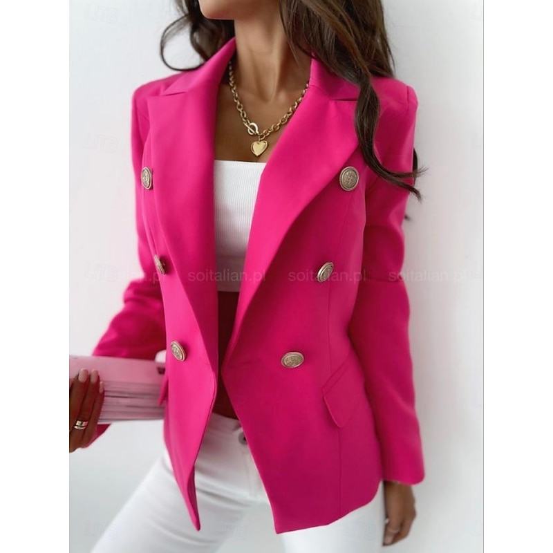 Women's Blazer Comfortable Breathable Pocket Casual Plain Formal Office Street Casual Double Breasted Regular Turndown Regular Fit Long Sleeve Outerwear Black Blue Fuchsia Summer Fall3