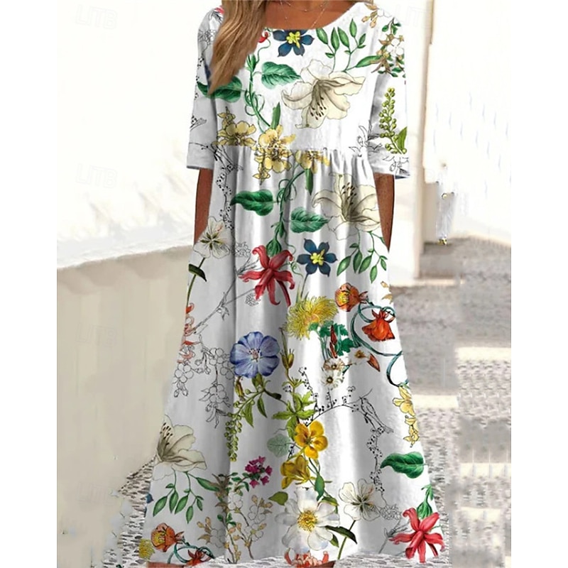 Women's Midi Dress Casual Dress Summer Dress Fashion Modern Daily Beach Weekend Regular Fit Flower Short Sleeve Crew Neck White Blue Summer Spring