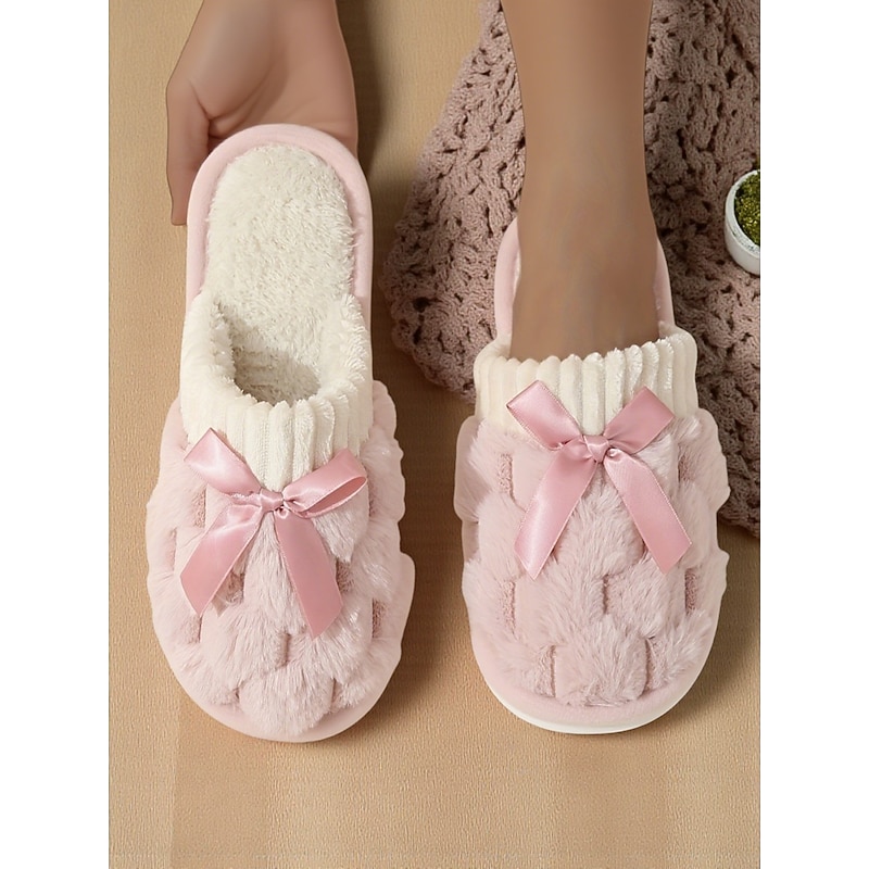 Women's Pink Plush House Slippers – Furry Indoor Winter Slippers with Satin Bow for Bedroom, Lounge and Cozy Home Wear