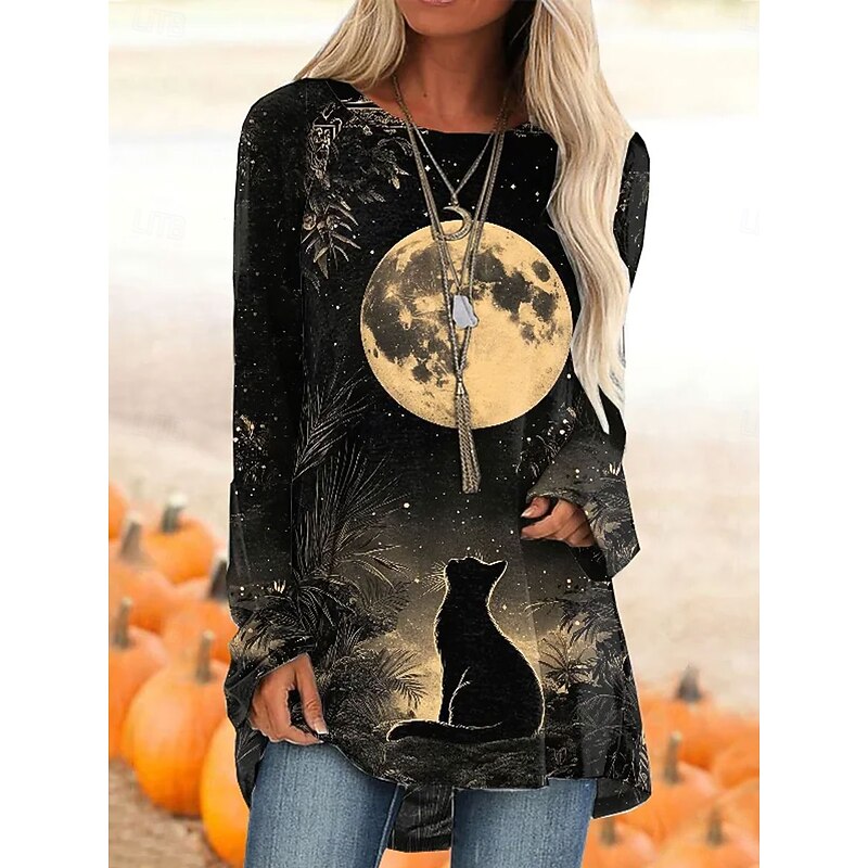 Halloween Women's T Shirt Skulls Long Sleeve Graphic Vintage Stylish Classic Long Sleeve Crew Neck Regular Tops Daily Print Black Blue Purple Orange Spring Fall Prefall3
