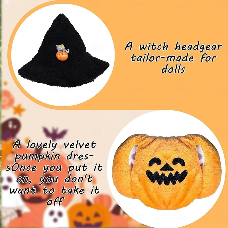 Clothes for labubu Dolls - Halloween Cute Outfit for 6.7 Inch (17cm) Costume Accessory (NO Doll) Fashion Doll Clothes Outfit Set Removable Kawaii Outfit with Pumpkin Accessories3
