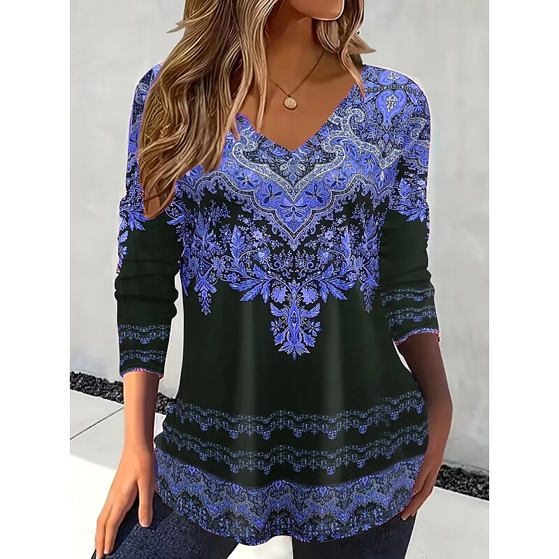 Women's T Shirt Floral Graphic Paisley Vintage Stylish Classic Long Sleeve V Neck Regular Tops Daily Print Pink Blue Purple Orange Spring Fall Winter4