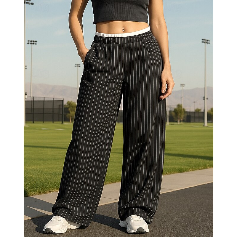 Women's Wide Leg Pants Casual Pants Pocket High Waist Bottoms Athleisure Gym Workout Fall Fashion Outdoor Travel Loose Fit Sportswear Activewear Stripes Black White Burgundy