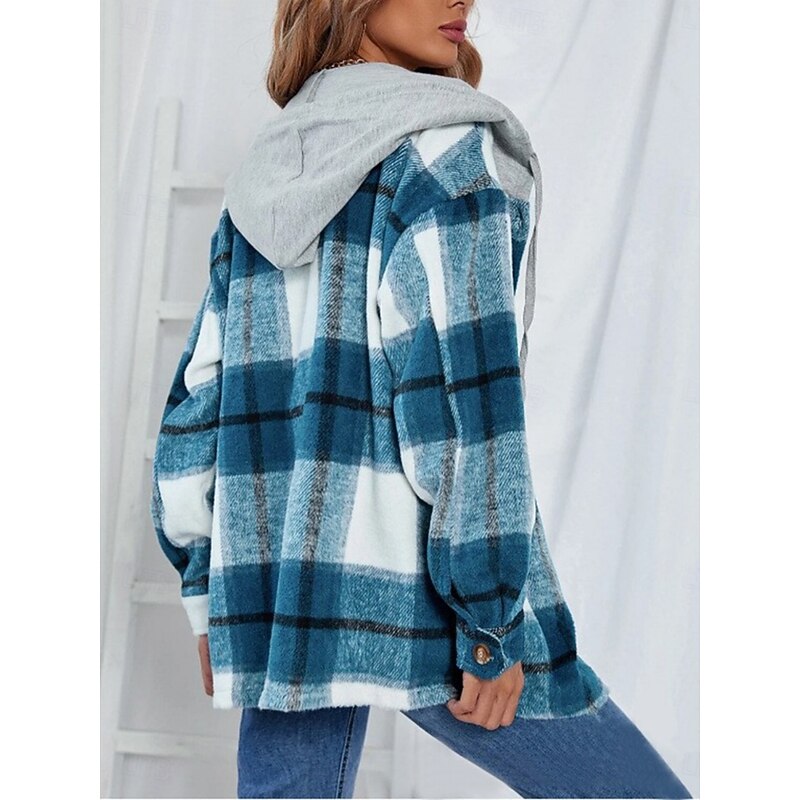 Women's Casual Jacket Hoodie Jacket Comfortable Breathable Buttons Print Casual Plaid Vacation Street Casual Daily Wear Single Breasted Regular Hooded Loose Fit Long Sleeve Outerwear Black Wine Navy4