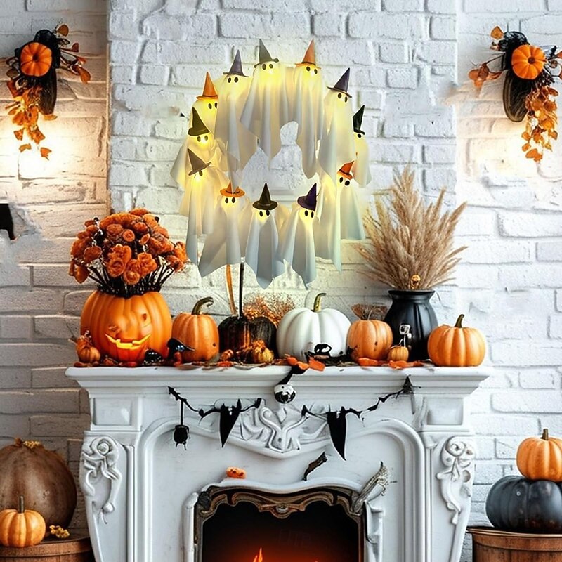 Halloween Ghost Wreath with Lights 16 Inch 12 LED Little Light-Up White Ghost Garland Spooky Ghosts Halloween Wreaths for Front Door Hanging Witch Hat Ghost for Home Party Door Decor2
