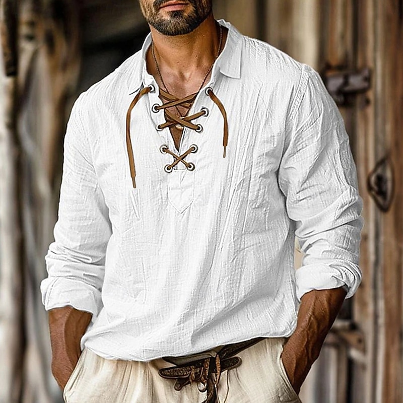 Men's Shirt Linen Shirt Viking Style Pirate Shirt Summer Shirt Beach Wear White Orange Green Light Blue Long Sleeve Solid Color Collarless Street Daily Clothing Apparel3