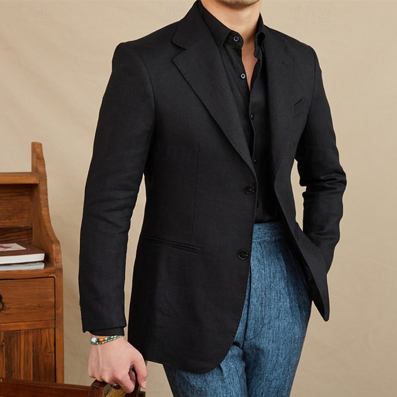 Men's Linen Blazer Blazer Business Cocktail Party Wedding Party Fashion Casual Spring Fall 30% Linen 60% Polyester Plain Pocket Buttons Comfortable Single Breasted Blazer Black White Brown Green4