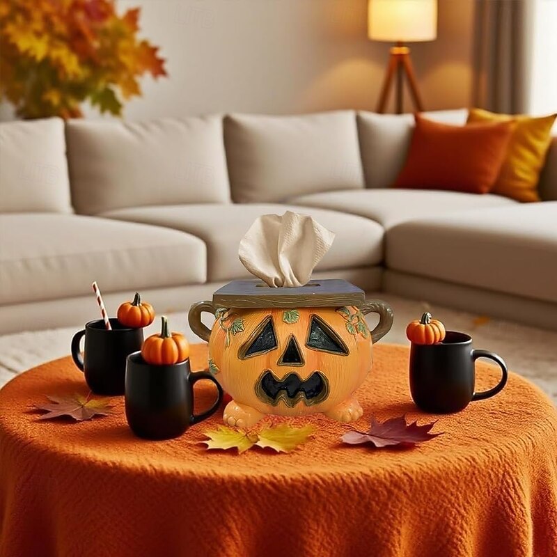 Halloween Pumpkin Tissue Box Holder Horror House Style Tissue Box Holder Cute Facial Paper Organizer Dispenser Toilet Paper Holder for Halloween Party, Kitchen, Bathroom, Office Desk Decor4