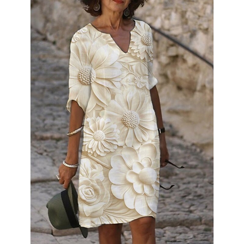 Women's Midi Dress Casual Dress Print Dress Fashion Modern Daily Beach Weekend Regular Fit Floral 3/4 Length Sleeve Crew Neck Yellow Blue Purple Gray Summer Spring Fall Autumn2