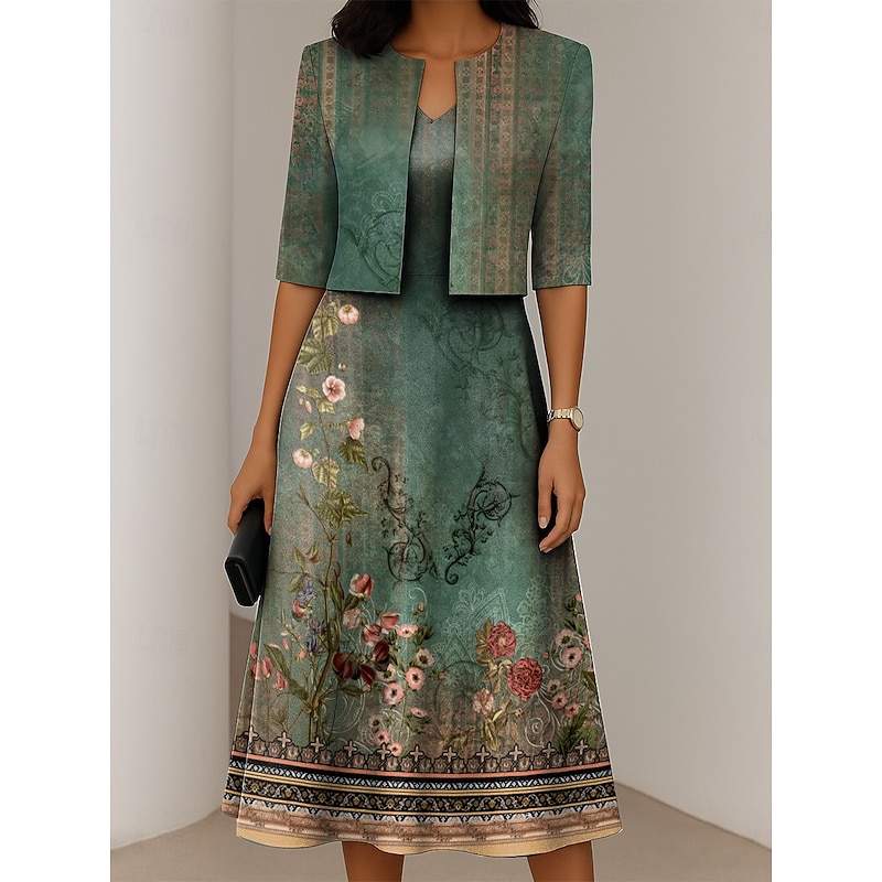 Women's Dress Set A Line Dress Summer Dress Elegant Casual Ombre Floral Print Midi Dress Half Sleeve V Neck Formal Vacation Blue Dark Green Orange Summer Spring Regular Fit4