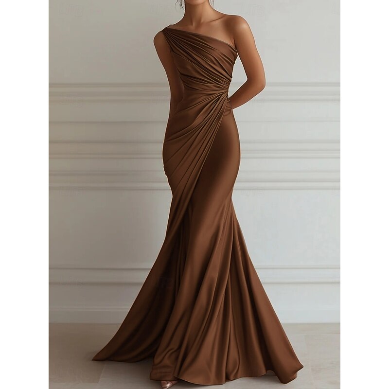 Mermaid / Trumpet Evening Gown Elegant Dress Formal Wedding Floor Length Sleeveless One ShoulderDress Stretch Satin with Pleats
