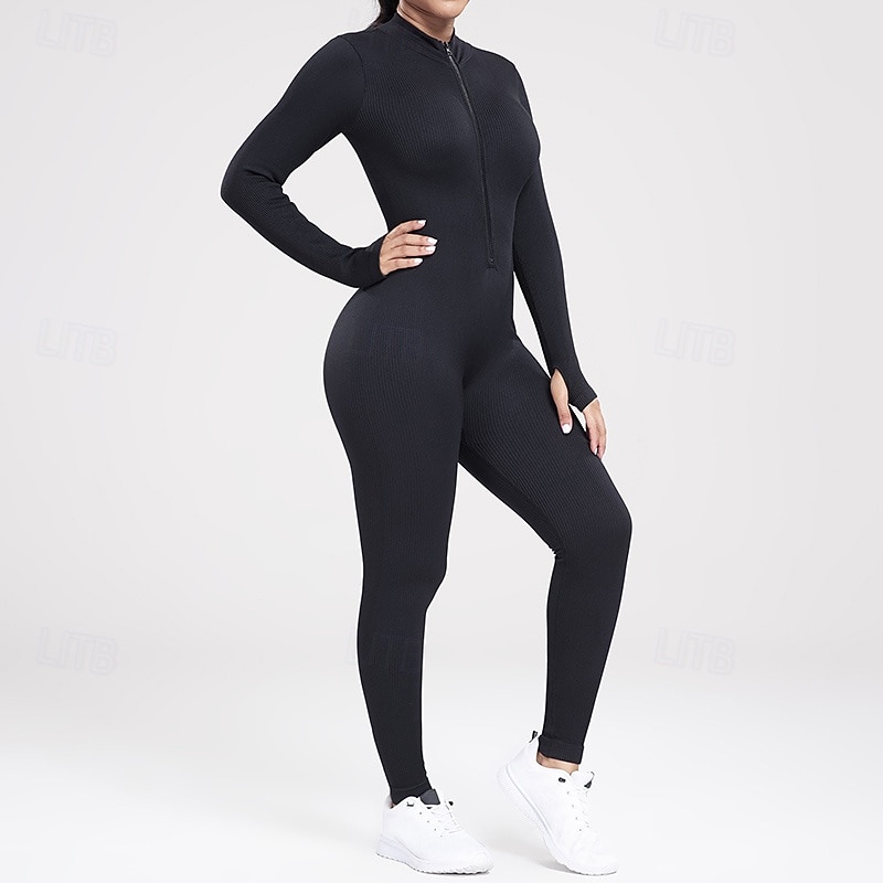 Women's Workout Jumpsuit One Piece Romper Fall Zip Up Solid Color Bodysuit Black Grey Gym Athletic Running Breathable Tummy Control Long Sleeve Sport Activewear3