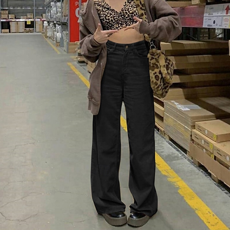 Women's Wide Leg Slacks Streetwear Casual Full Length Natural Plain Pocket Elastic Waist Comfortable Holiday Weekend Black Green Fall Regular Fit2