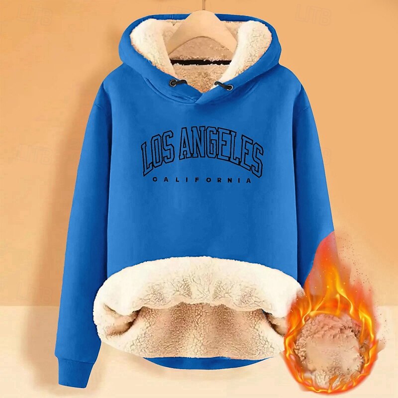 Women's Fleece Lined Pullover Sweatshirt Pajamas Pullover Hoodie Sweatshirt Letter Streetwear Casual Long Sleeve Hooded Regular Tops Street Holiday Going out Print Denim Blue Navy Blue Blue Dark Blue2