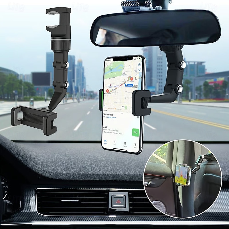 Multifunctional Rearview Mirror Phone Holder Car Mount Adjustable Navigation Mobile Stand Clip On Secure Rotatable Dashboard Holder Vehicle Accessory Easy To Use