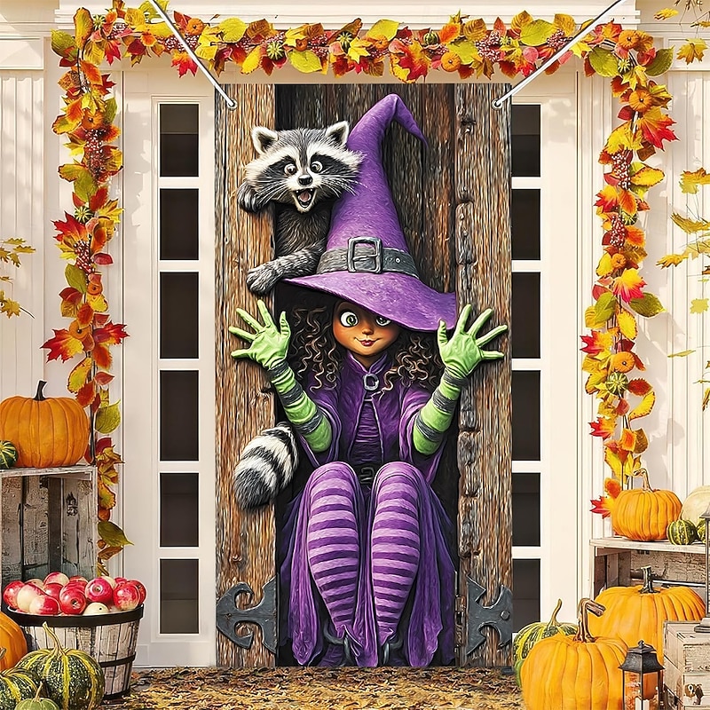 Halloween Door Cover Outdoor Banners Witch Psychedelic Dark Punk Gothic Style Party Outdoor Shooting Backgrounds Front Door Wall Porch Home Decor2