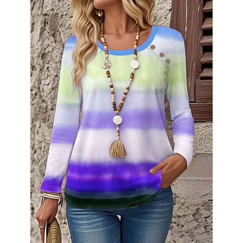 Women's T Shirt Ombre Graphic Geometric Vintage Stylish Classic Long Sleeve Crew Neck Round Neck Regular Tops Daily Going out Weekend Buttons Print Purple Fuchsia Orange Spring Fall Winter2