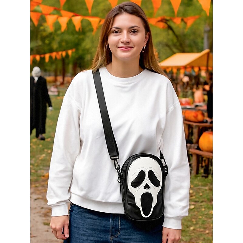 Women's Halloween Ghost Face Crossbody Bag – Faux Leather Scary Shoulder Purse for Cosplay, Costume Parties and Daily Casual Wear3