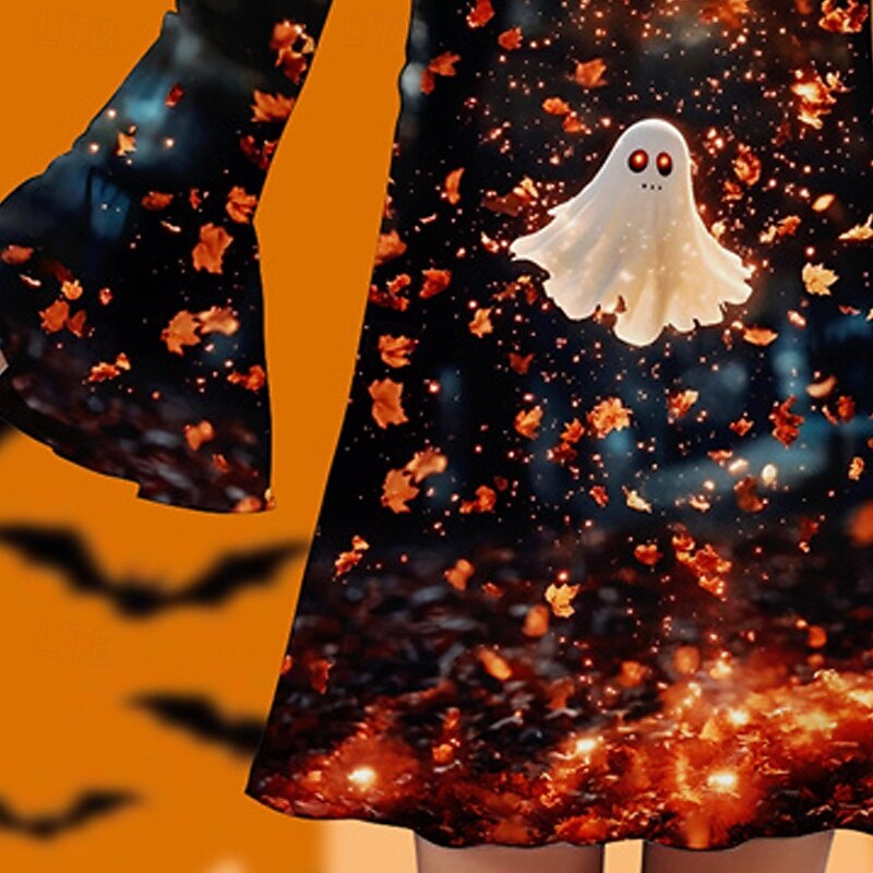 Halloween Girls' 3D Ghost Dress Ruffle Dress Long Sleeve Summer Spring Vacation Daily Holiday Beautiful Sweet Kids 4-12 Years Casual Dress Knee-length Regular Fit4