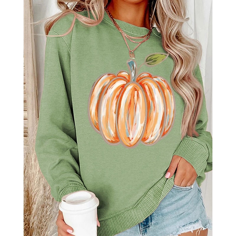 Women's Pullover Sweatshirt Sweatshirts Pumpkin Streetwear Casual Long Sleeve Crew Neck Regular Tops Street Holiday Going out Print Rose Gold Grass Green Black Yellow Light Green Fall4