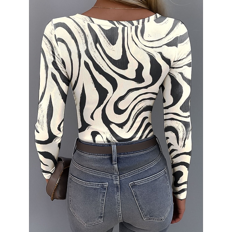 Women's T shirt Long Sleeve Ribbed Graphic Square Neck Long Sleeve Casual Tunic Abstract Zebra Vintage Stylish Regular Tops Daily Print Blue Purple Green Khaki Spring Fall Prefall2
