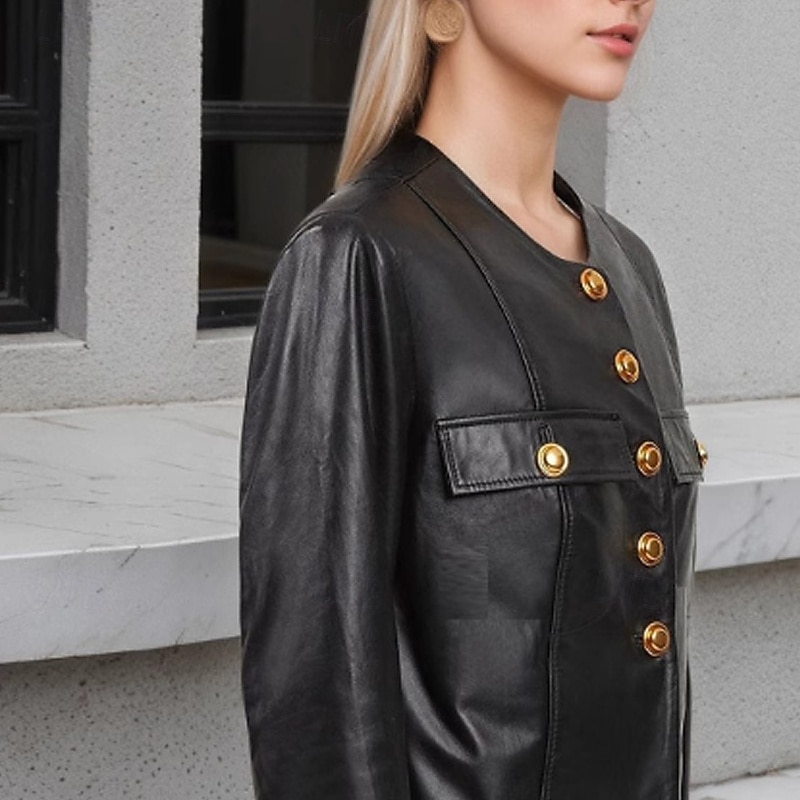 Women's Faux Leather Jacket Casual Jacket Comfortable Pocket Buttons Fashion Plain Going out Weekend Single Breasted Regular Crewneck Regular Fit Long Sleeve Outerwear Black Fall4