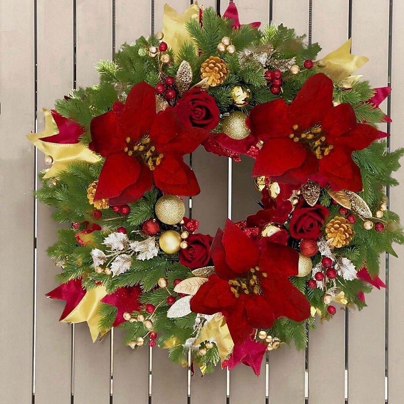Christmas Large Red Floral Wreath Pinecone Garland Door Hanging Festive Holiday Decoration Perfect Classic Christmas Home Ornament Seasonal Celebration Accessory