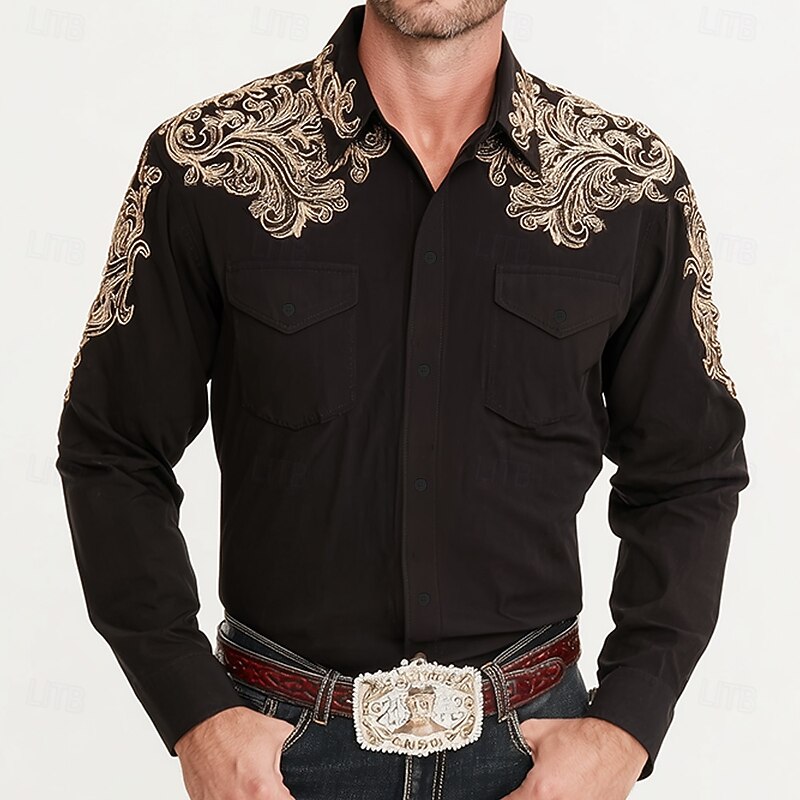 Men's Scroll Floral Print Ethnic Shirt Western Shirt Cowboy Shirt Long Sleeve Vintage Retro Outdoor Casual WorkWear Summer Spring Fall Turndown Front Two Pockets Button Up Shirts Black Brown4