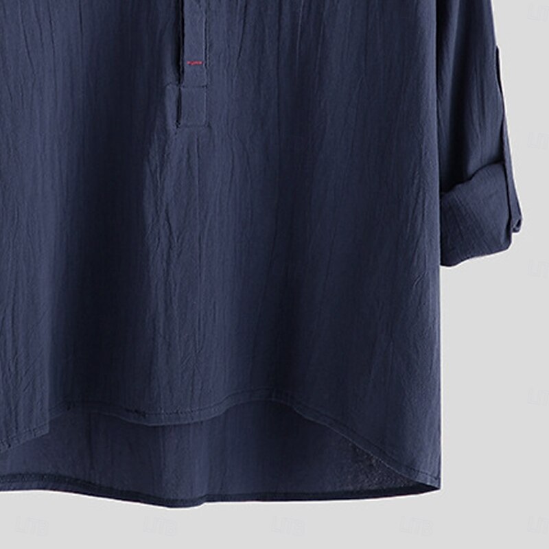 Men's Shirt Linen Shirt Popover Shirt Summer Shirt Beach Shirt Solid Color Vacation Casual White Navy Blue Brown Light Blue Long Sleeve Henley Summer Spring Clothing Apparel3