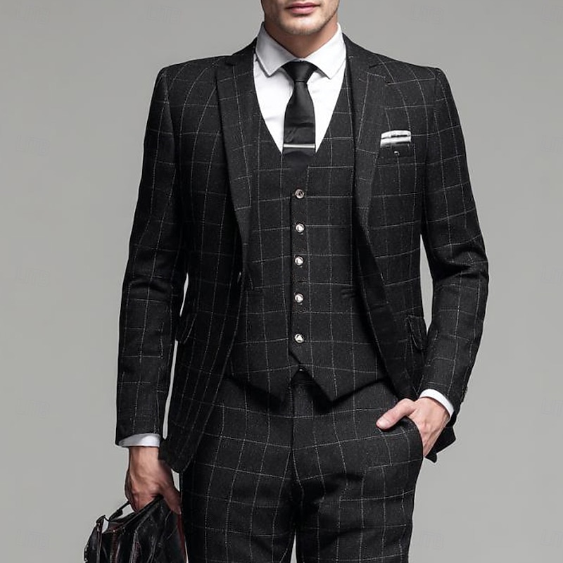 Men's Casual Semi Formal Business Suits Notch Lapel Black Formal Plaid Slim Fit 3 Piece Single Breasted One-button